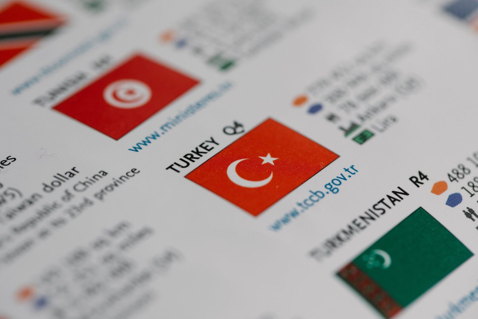 A detailed close-up of Turkey's flag on a printed document highlighting information.